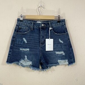 NEW Kancan Shorts Size 7/27 Denim Jean Shorts Distress 4" Raw Hem High Rise NWT